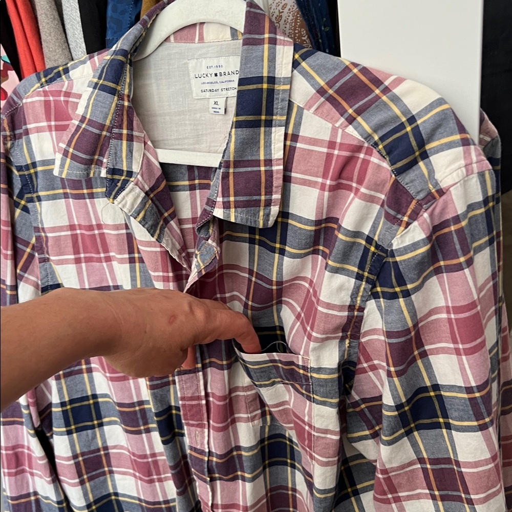 Lucky Brand Plaid Button-Up in Navy, Yellow, Cream & Mauve